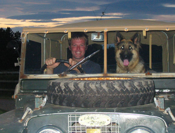 gsd sitting in a land rover